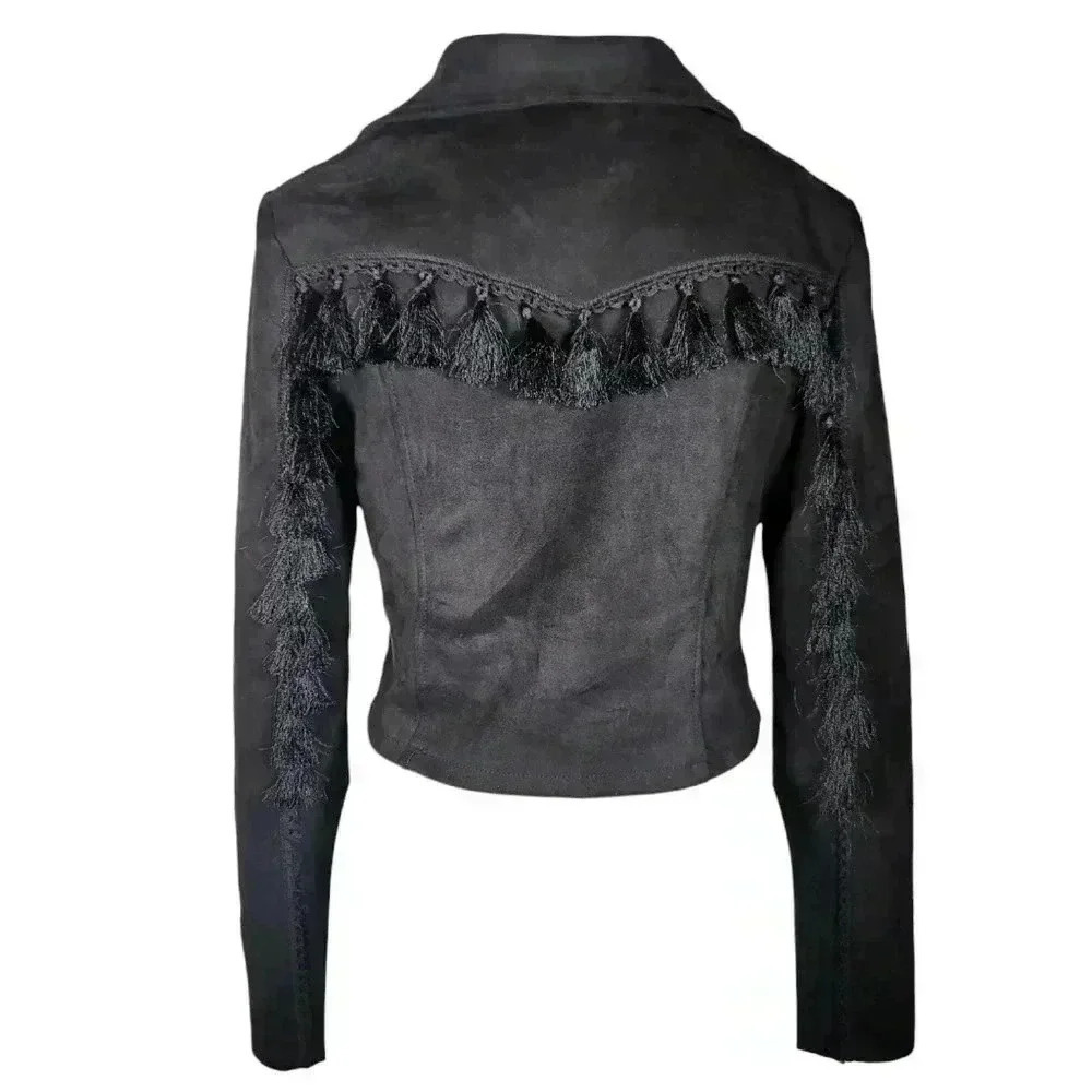 Vera & Lucy Tassel Faux Suede Black Moto Wing Collar Jacket Coat Size M - Picture 4 of 13